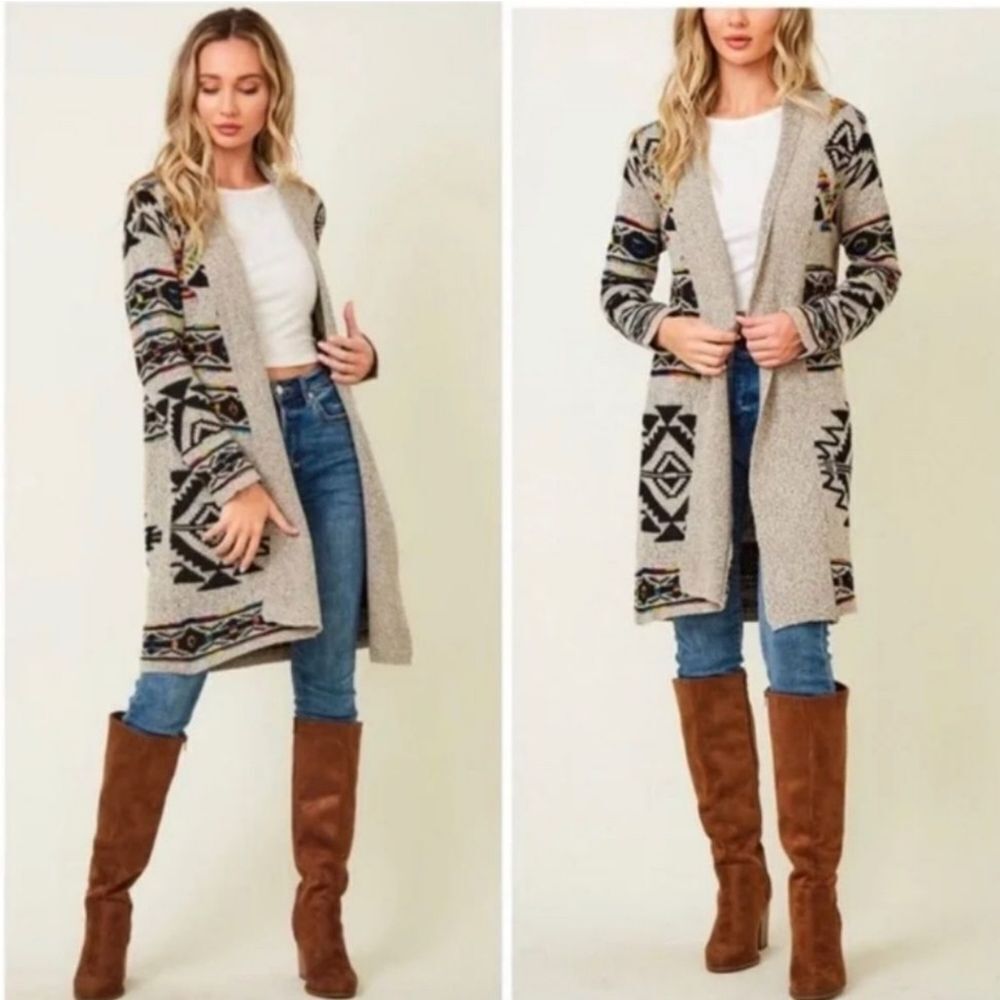 Open Front Aztec Knit Cardigan Sweater - Beige